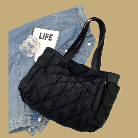 New QUILTED TOTE BAG CARRYALL Black 👜 - Picture 3 of 7